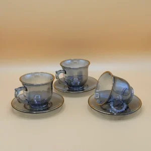 Set of 12 Transparent Faded Black Glass Tea Cups and Saucers
