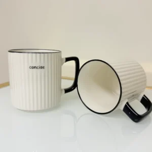 Set of 3 Ceramic Coffee Mugs with Ribbed Texture in White, Black Handle 13 fl oz
