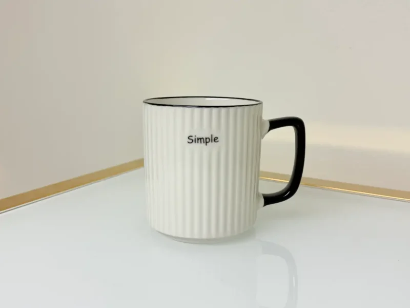 Set of 3 Ceramic Coffee Mugs with Ribbed Texture in White, Black Handle 13 fl oz