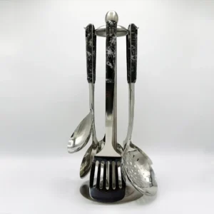7-Piece Stainless Steel Kitchen Utensil Set with Faux Wood-Textured Handle - Light Brown, Brown, Black