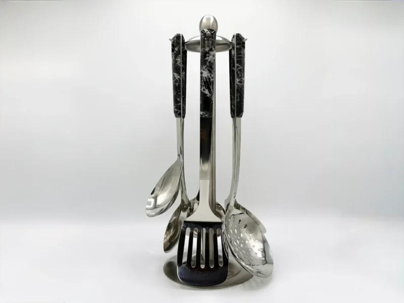 7-Piece Stainless Steel Kitchen Utensil Set with Faux Wood-Textured Handle - Light Brown, Brown, Black
