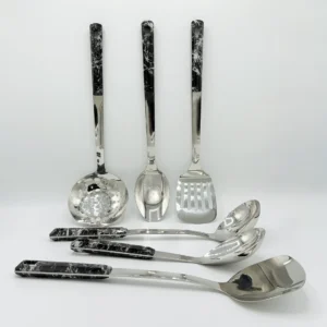 7-Piece Stainless Steel Kitchen Utensil Set with Faux Wood-Textured Handle - Light Brown, Brown, Black