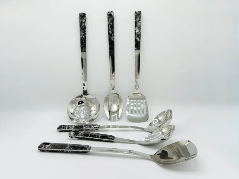 7-Piece Stainless Steel Kitchen Utensil Set with Faux Wood-Textured Handle - Light Brown, Brown, Black