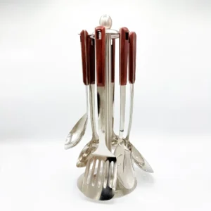 7-Piece Stainless Steel Kitchen Utensil Set with Faux Wood-Textured Handle - Light Brown, Brown, Black