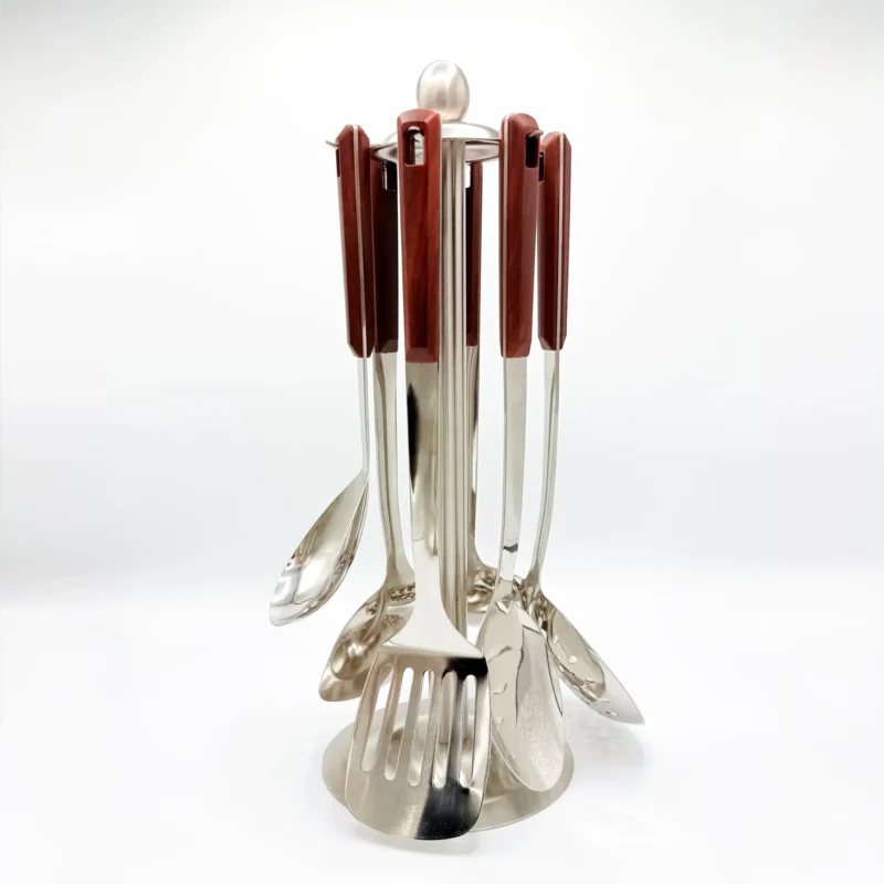 7-Piece Stainless Steel Kitchen Utensil Set with Faux Wood-Textured Handle - Light Brown, Brown, Black