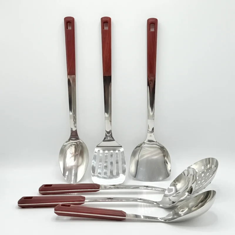 7-Piece Stainless Steel Kitchen Utensil Set with Faux Wood-Textured Handle - Light Brown, Brown, Black
