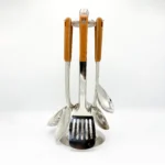 7-Piece Stainless Steel Kitchen Utensil Set with Faux Wood-Textured Handle - Light Brown, Brown, Black