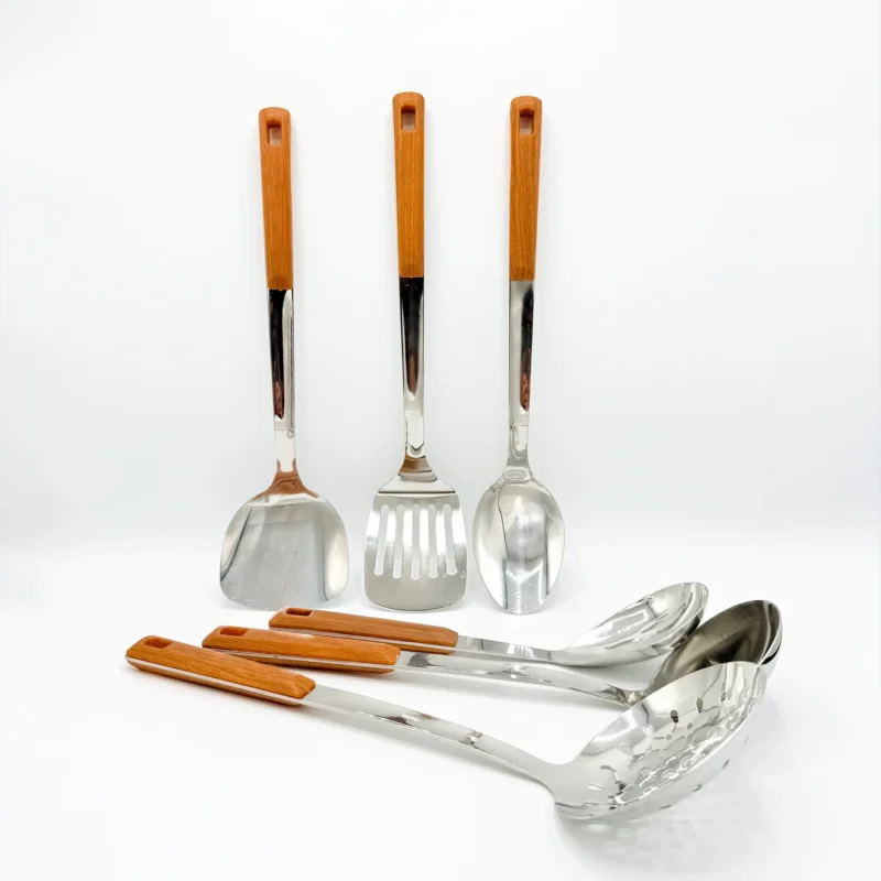 7-Piece Stainless Steel Kitchen Utensil Set with Faux Wood-Textured Handle - Light Brown, Brown, Black
