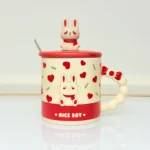 Ceramic Bunny Mug with Lid and Spoon - Cute Gift Mug with Bow Handle (4 Designs)