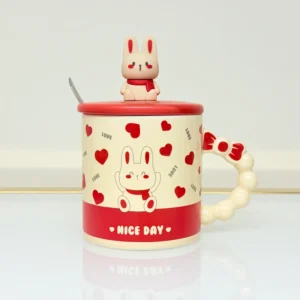 Ceramic Bunny Mug with Lid and Spoon - Cute Gift Mug with Bow Handle (4 Designs)