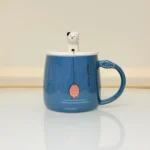 Cute Ceramic Cat Mug with Lid and Spoon - Adorable Gift for Tea & Coffee Lovers (Blue, Pink, Yellow, Gray)