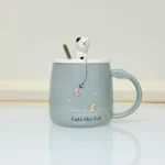 Cute Ceramic Cat Mug with Lid and Spoon - Adorable Gift for Tea & Coffee Lovers (Blue, Pink, Yellow, Gray)