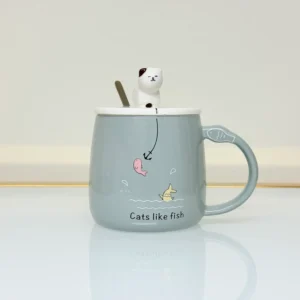 Cute Ceramic Cat Mug with Lid and Spoon - Adorable Gift for Tea & Coffee Lovers (Blue, Pink, Yellow, Gray)