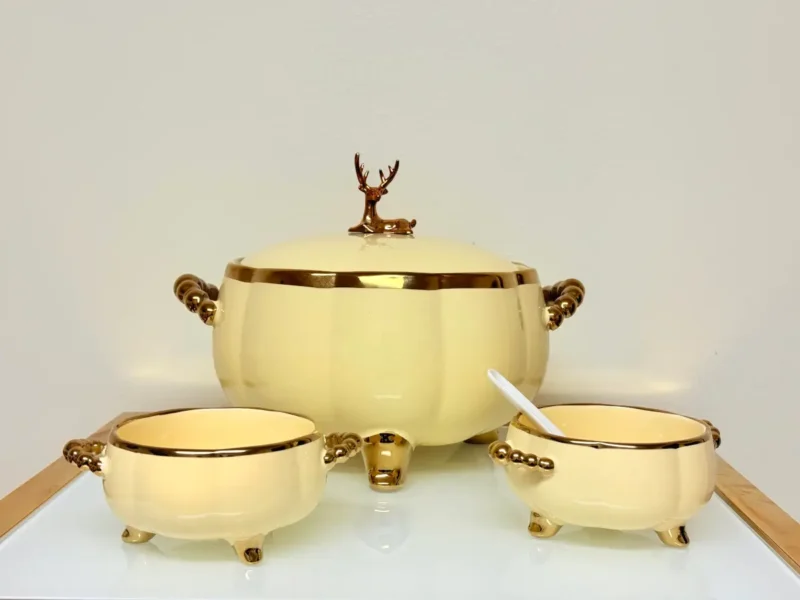 Luxury Ceramic Soup Bowl Set with Stand and Spoons - 15 Piece Serving Set (Black, Cream, Mocha, White)