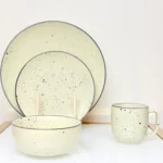 24-Piece Speckled Ceramic Dinnerware Set – Plates, Bowls & Mugs (White, Blue, Lemon)
