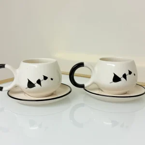 Set of 2 Ceramic Coffee Cups With Saucers Modern Designs 7 fl oz