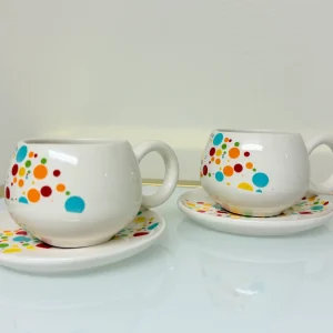 Set of 2 Ceramic Coffee Cups With Saucers Modern Designs 7 fl oz