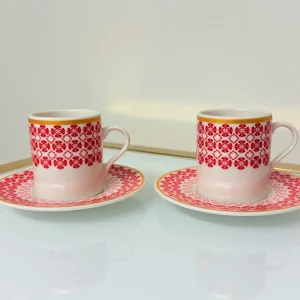 Set of 2 Patterned Espresso Cups With Saucers 3 fl oz