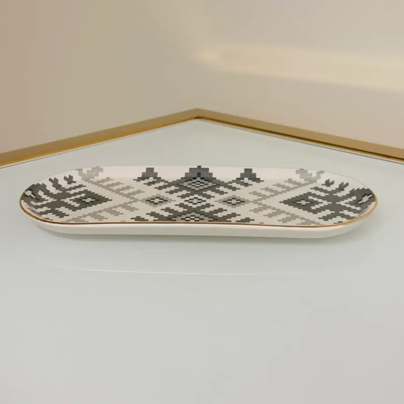 Set of 27 Turkish Porcelain Dinnerware Set with Kilim Pattern, Geometric Design Plates, Bowls & Serving Trays