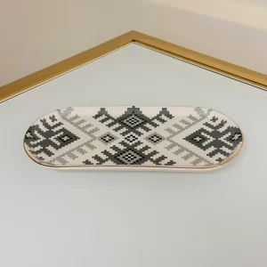 Set of 27 Turkish Porcelain Dinnerware Set with Kilim Pattern, Geometric Design Plates, Bowls & Serving Trays