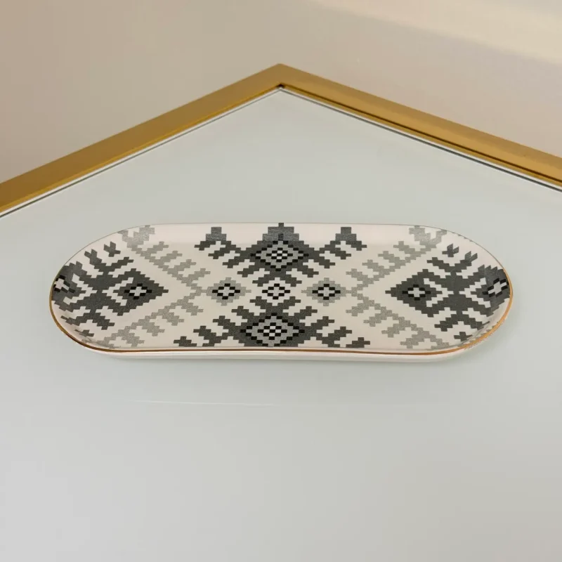 Set of 27 Turkish Porcelain Dinnerware Set with Kilim Pattern, Geometric Design Plates, Bowls & Serving Trays