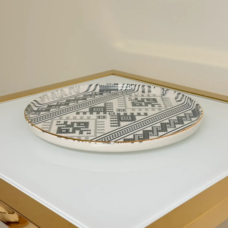 Set of 27 Turkish Porcelain Dinnerware Set with Kilim Pattern, Geometric Design Plates, Bowls & Serving Trays