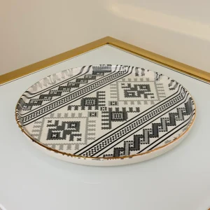 Set of 27 Turkish Porcelain Dinnerware Set with Kilim Pattern, Geometric Design Plates, Bowls & Serving Trays