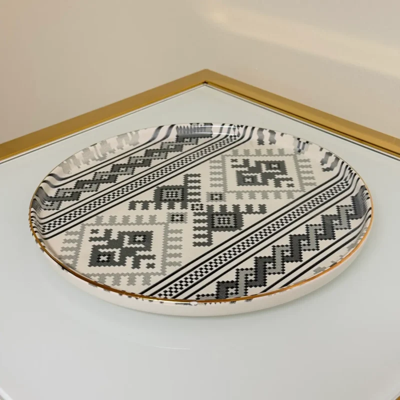 Set of 27 Turkish Porcelain Dinnerware Set with Kilim Pattern, Geometric Design Plates, Bowls & Serving Trays