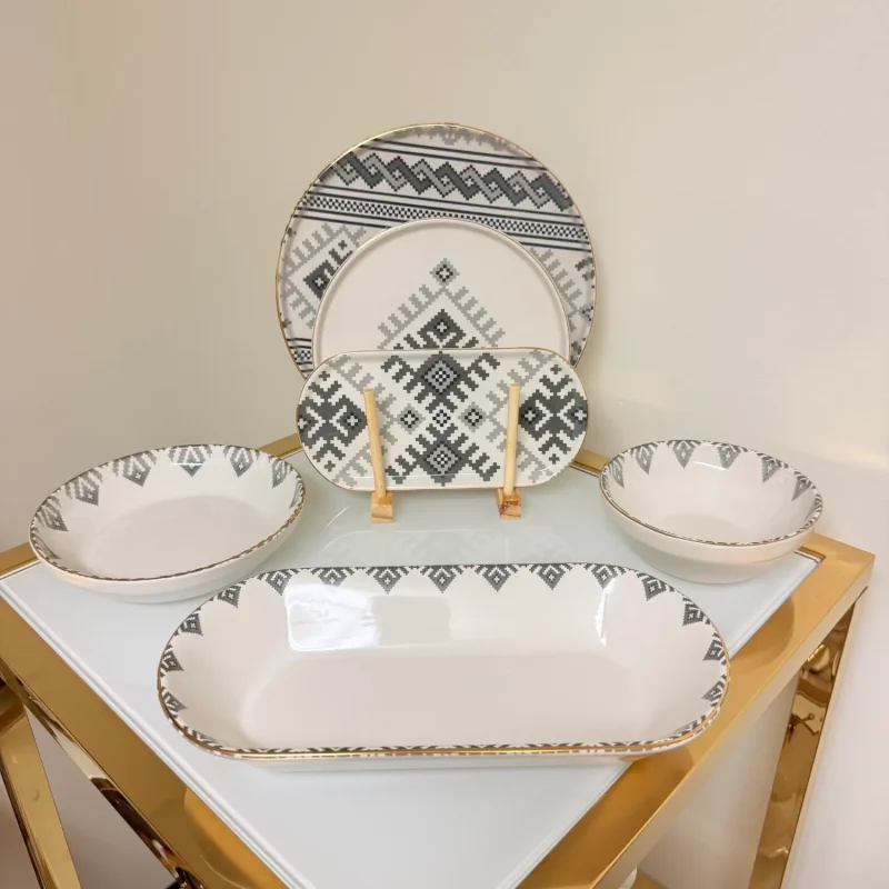 Set of 27 Turkish Porcelain Dinnerware Set with Kilim Pattern, Geometric Design Plates, Bowls & Serving Trays