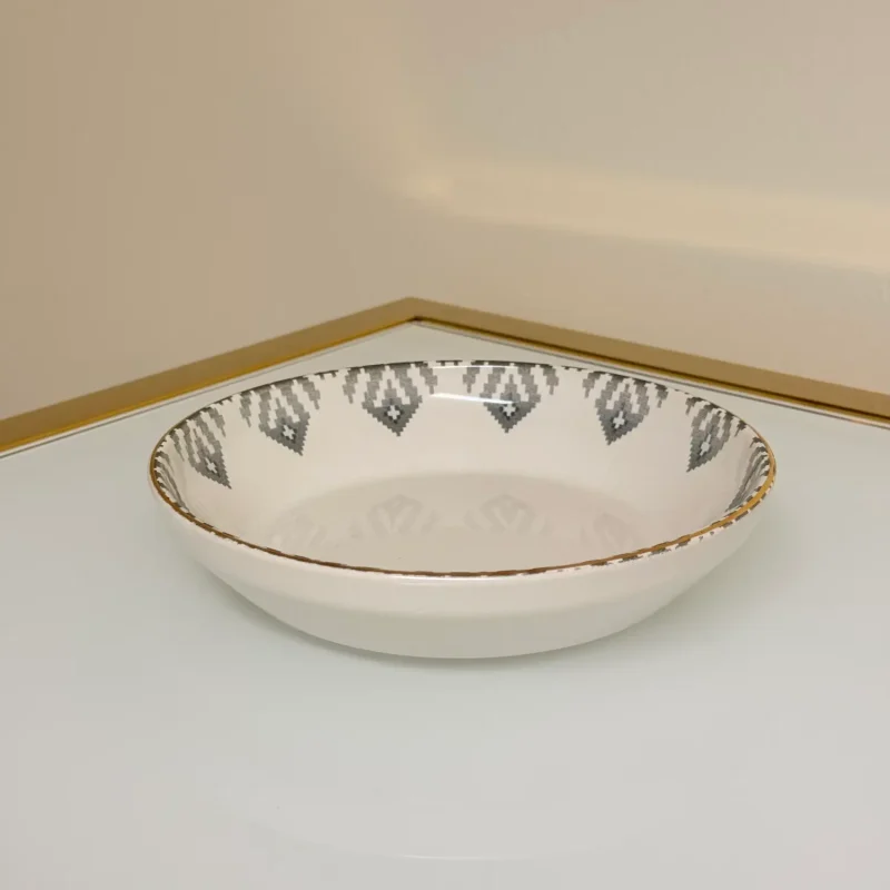 Set of 27 Turkish Porcelain Dinnerware Set with Kilim Pattern, Geometric Design Plates, Bowls & Serving Trays