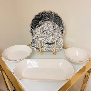 Set of 27 Turkish Porcelain Dinnerware Set, Modern Swirl Design Plates, Bowls & Serving Dishes